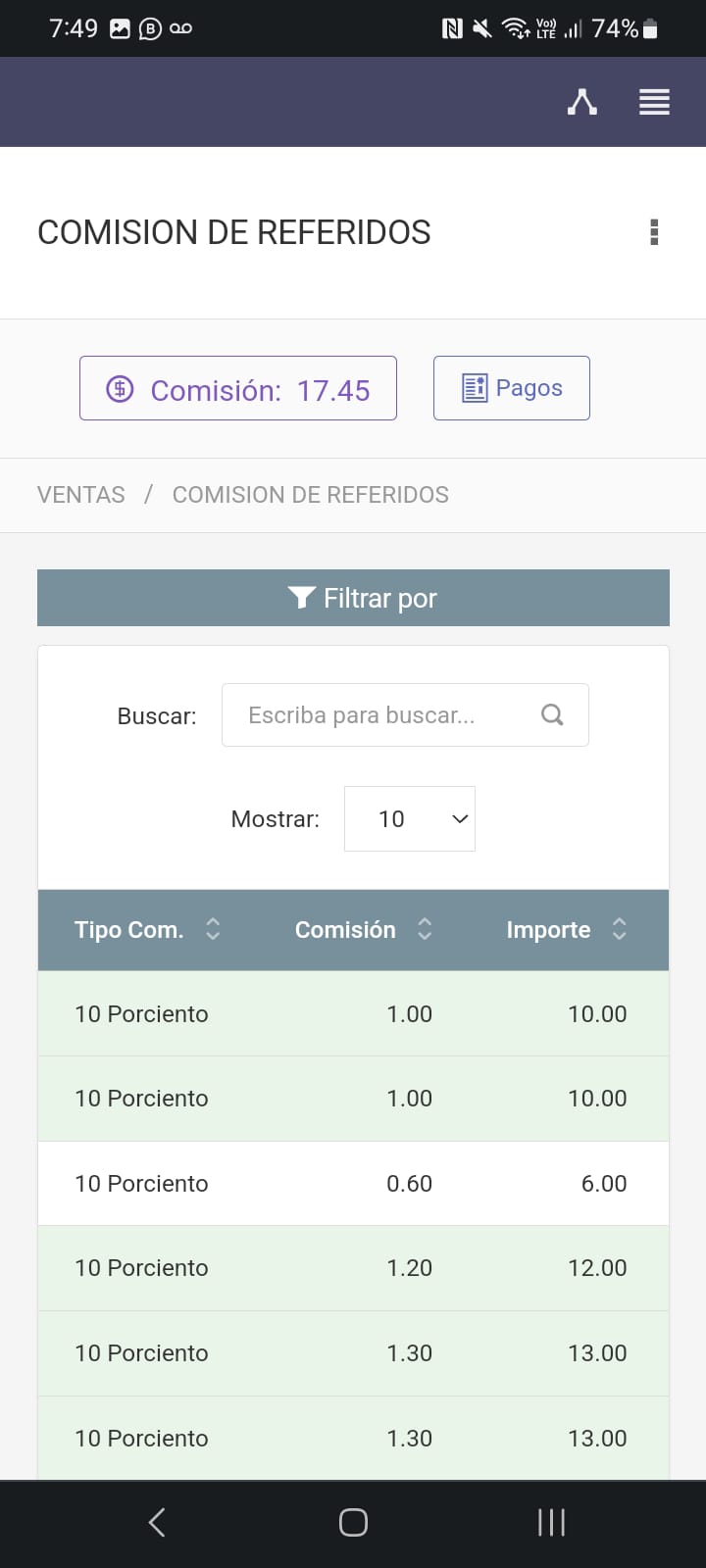 Vista móvil del sistema de comisión de referidos.