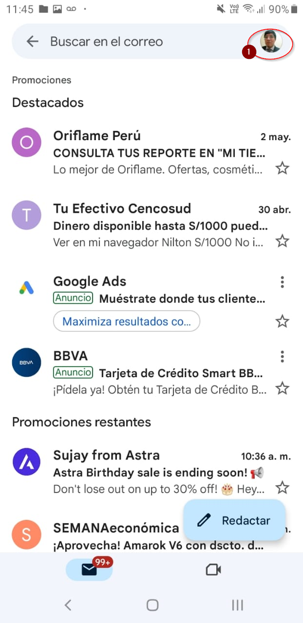 Paso 1: pantalla principal de Gmail y acceso al perfil.