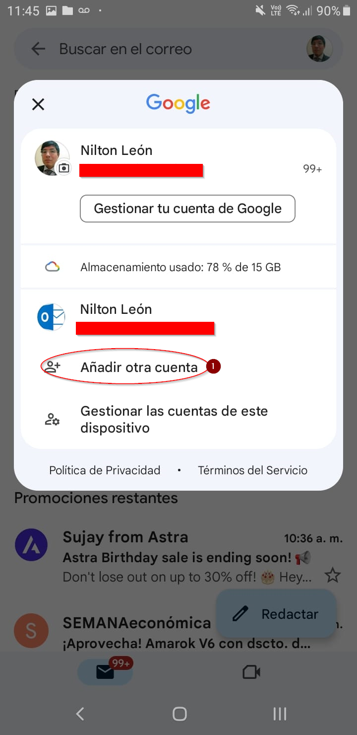 Paso 2: opción Añadir otra cuenta en Gmail.
