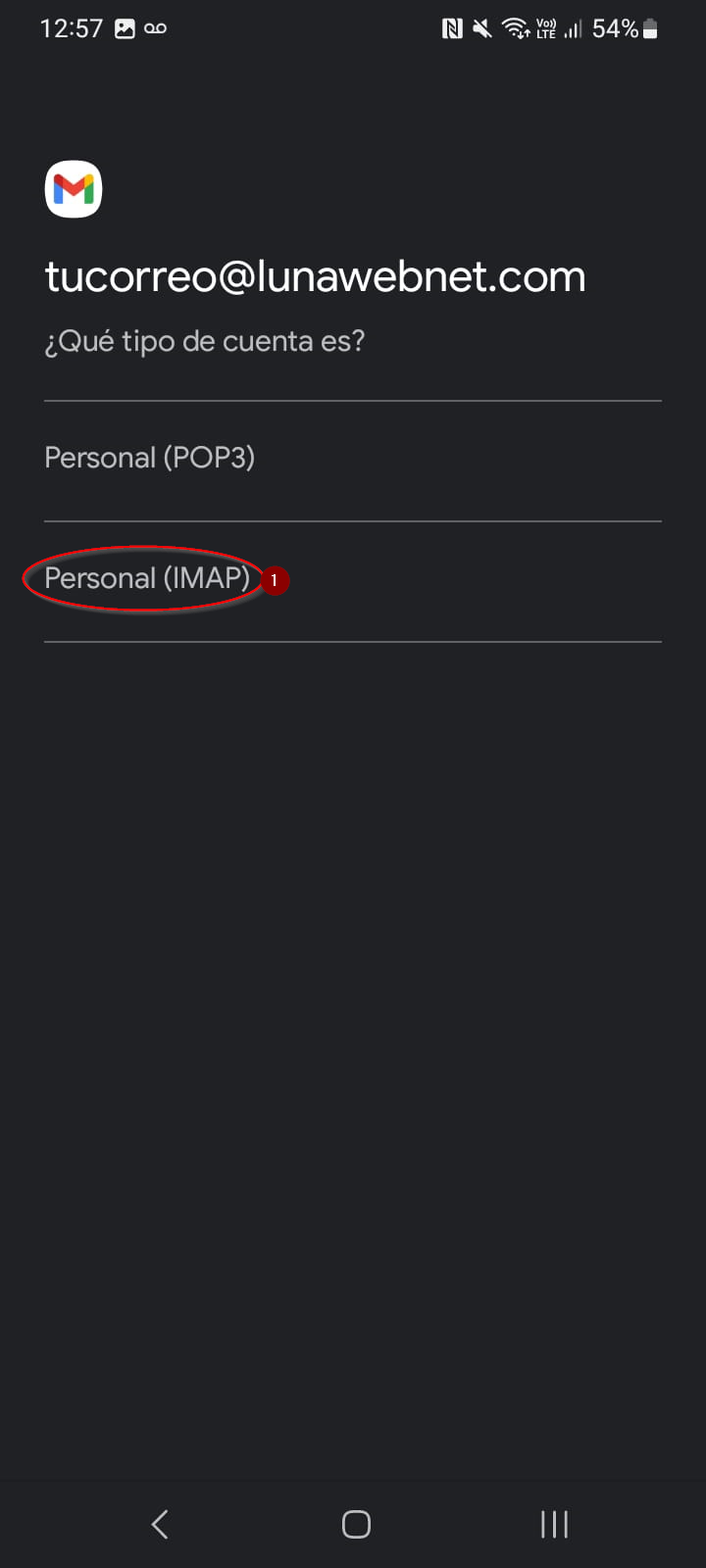 Paso 5: selección de cuenta Personal IMAP.