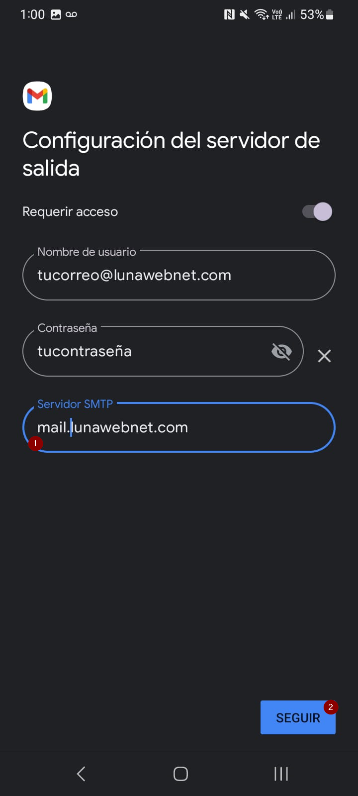 Paso 8: configuración del servidor SMTP de salida.