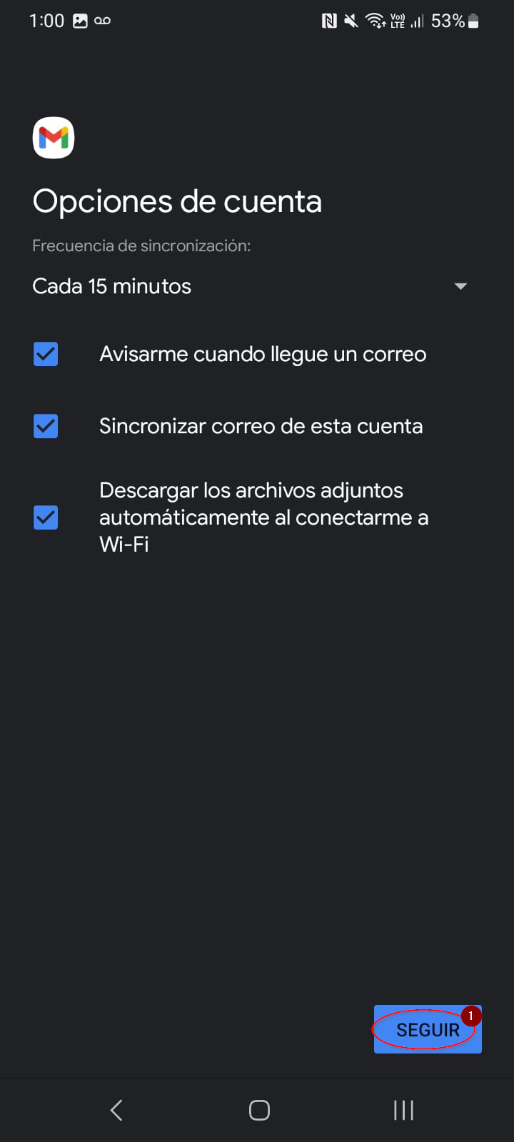 Paso 9: opciones de sincronización de la cuenta.